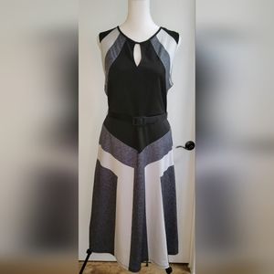 Sleeveless Gray, Black and White Color Block Belted Dress Size L